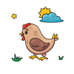 Cute Cartoon Chicken in Sunny Meadow. Vector Illustration