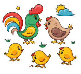 Adorable Farm Chicken Collection Vector Illustration Set