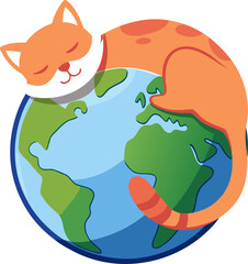 A curled-up cat sleeping atop a simplified Earth globe — a peaceful symbol of cats worldwide.