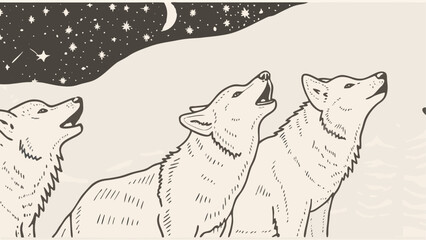 Illustration of howling wolves under a starry night sky and crescent moon in a monochrome style image silhouette