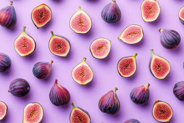 Top view of whole and halved ripe figs arranged in a seamless pattern on a vibrant purple background. Ideal for food blogs, packaging, organic product design, or Mediterranean cuisine themes.
