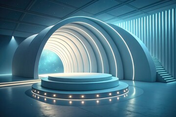 Obraz premium Modern architecture interior features an abstract blue 3D spiral tunnel design with light and glass textures, creating a futuristic, curved perspective