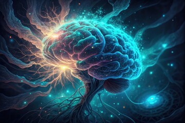 Obraz premium Vibrant blue fractal patterns swirl with the electric energy of the human mind, creating a glowing, psychedelic backdrop of light and motion