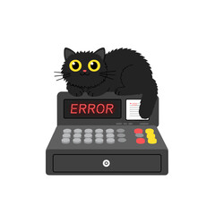Flat icon of black fluffy cat sitting on cash register with error message displayed, isolated  