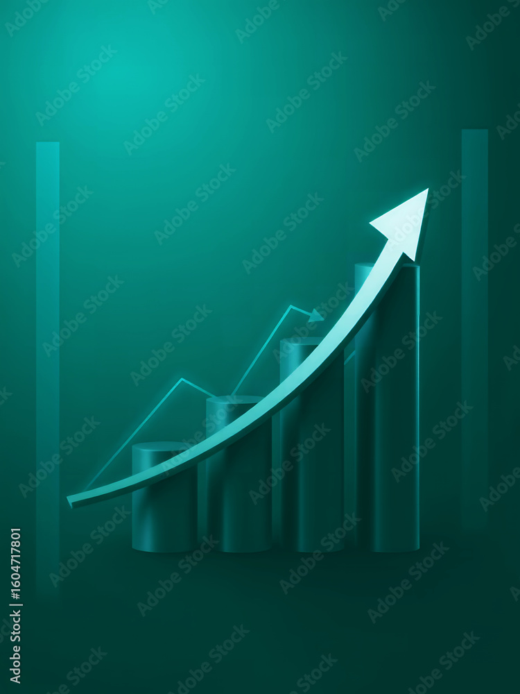 Aufkleber a teal background shows a graph with an arrow pointing upwards indicating growth and success