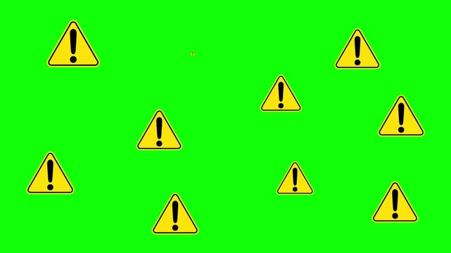 warning sign animation. exclamation notice pop up motion on green screen background. danger animated 4k chroma key