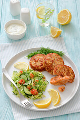 Hot Smoked salmon burgers, patties and coleslaw