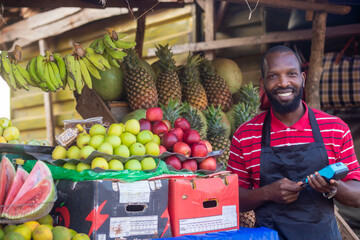 african market man selling fruits items counting money