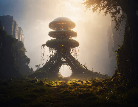 建物の中核を担うのは、合成DNAベースの情報伝達網。DNA構造を用いたナノプロセッサが患者の情報を光ファイバーの代わりに伝達し、診断・治療が細胞レベルで同期的に進行する都市景観