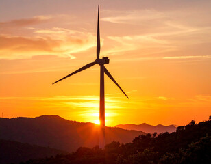 Obraz premium Windmill at Sunset: Silhouette of Wind Turbine Against Orange Sky During Golden Hour, Capturing Renewable Energy, Rural Landscape, and Scenic Evening Atmosphere for Nature and Environment Themes