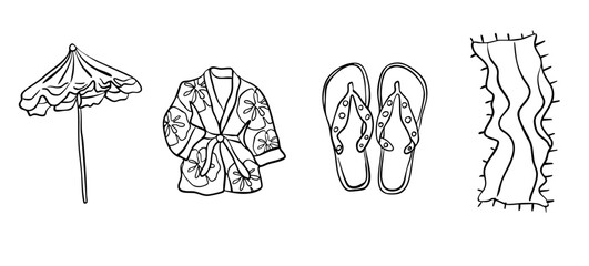 Hand drawn beach vacation icon set – umbrella, robe, flip flops and towel in line art style
