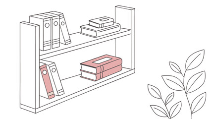 Fototapeta premium Illustration of a bookshelf with books on two shelves and a plant with leaves on the right side of the image