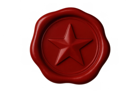 Vintage wax seal stamped with ornate star, highlighting premium quality and authenticity against clean transparent backdrop - Powered by Adobe