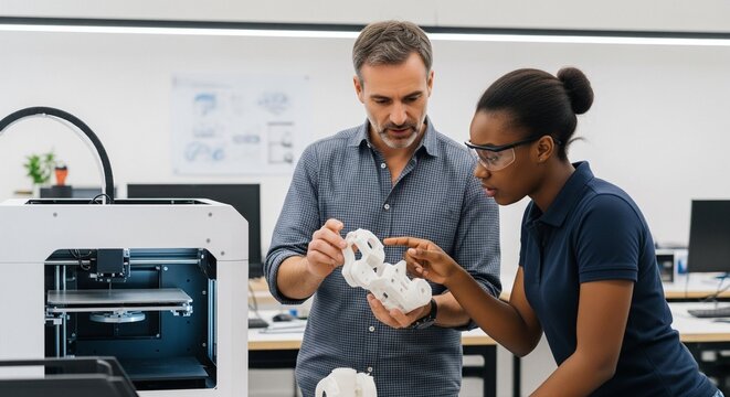 Engineers inspect 3D printed prototype from 3D printer, collaborating on design and innovation in modern technology laboratory workshop.