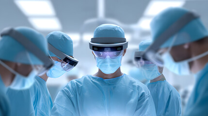 Futuristic scene of surgeons using augmented reality glasses during an operation. Ideal for tech-in-healthcare, surgery, and innovation visuals.