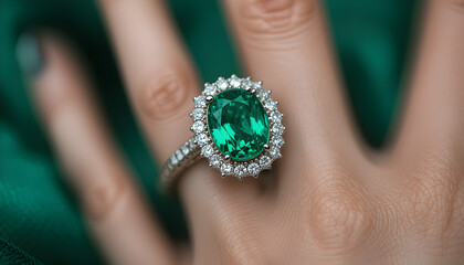 Green emerald fashion engagement diamond ring on green satin background. Luxury female jewellery, close-up. Selective focus