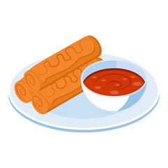 Chicken Spring roll with Red Sauce isometric Concept, Turon wrapper vector design, Oriental cuisine symbol, Top dishes recipes Sign, Food exploration illustration 