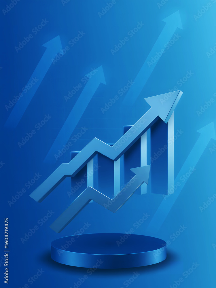 Aufkleber a blue background with arrows showing growth and a platform for product presentation display
