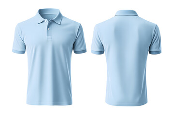 Realistic mockup of a light blue polo shirt, front and back view. Great for clothing design, branding, and fashion product previews.