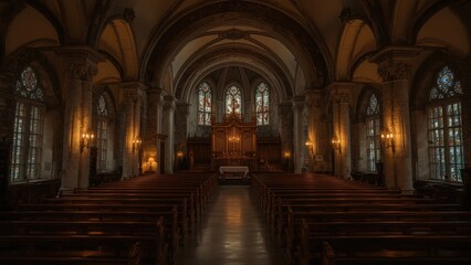 Fototapeta premium Interior view of a cathedral with rows of pews and stained glass windows and golden altar area in focus