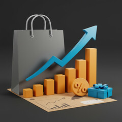 Optimistic 3d render of retail shopping bag with bar chart and arrow showing sales growth. percentage sign and gift on financial report symbolize successful business