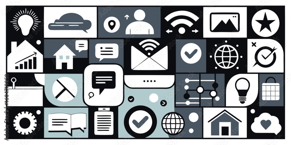 Poster a comprehensive set of black and white symbols, illustrating a variety of shapes and patterns in a c