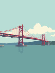 Fototapeta premium Tacoma, WA – Thea Foss Waterway, Tacoma Narrows Bridge in harbor teal, steel gray, bridge red, and cloud white