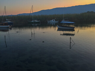 Serene Lake with Boats and Ducks at Sunset
