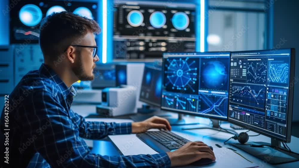 Poster technician working at multiple computer screens
