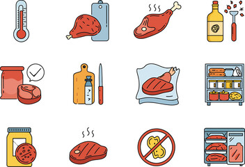 Flat Design Icons Illustrating Meat Preparation And Storage