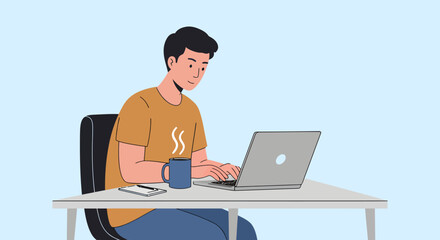 Cartoon man working on laptop with coffee and notepad on desk.