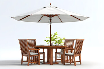 Elegant outdoor dining set with table, chairs, and white umbrella. Perfect for garden, patio, or hospitality design visuals.