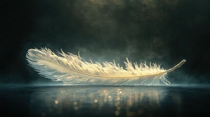 Glowing white feather on dark surface