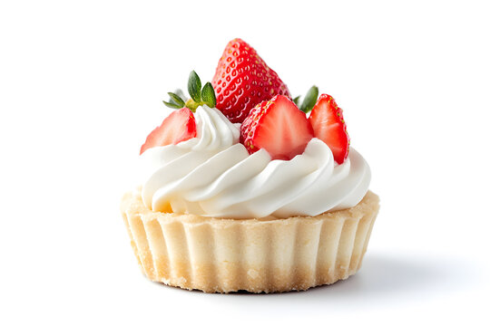 Mini dessert tartlet topped with whipped white cream and fresh strawberry, isolated on white. Perfect for pastry, dessert, and bakery visuals.