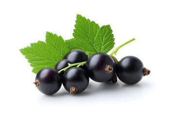 Fototapeta premium Isolated image of black currants with green leaves on white background. Fresh berries ideal for food packaging, natural products, and health themes.