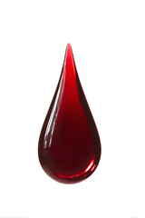 Obraz premium Red liquid droplet, resembling wine or blood, isolated on white. Abstract medical or beverage concept for symbolic or creative use.