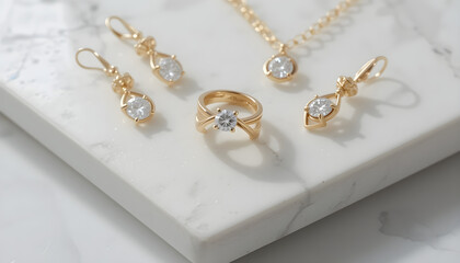 A flat-lay photograph of a matching gold jewelry set including a solitaire diamond ring, earrings and a pendant necklace, arranged on a sleek white