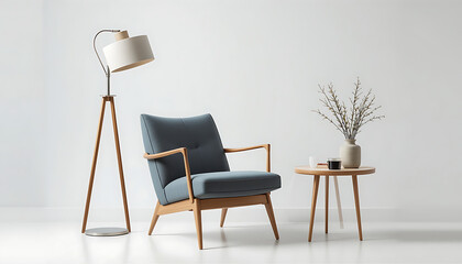 Cozy armchair and chair with wooden table in stylish modern interior room