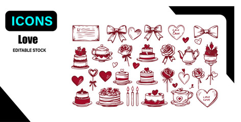 "Hand-Drawn Valentine Doodle Line Art – Romantic Elements on Beige"