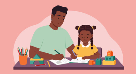 Father and daughter with pigtails doing homework with colorful pencils and building blocks.