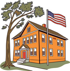 Vector illustration of traditional orange building with tree and roof and american flag white background EPS file download.
