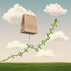 Surreal illustration with shopping bag representing hopeful business concept. growing vine symbolizing sustainable growth and success floating in dreamlike sky