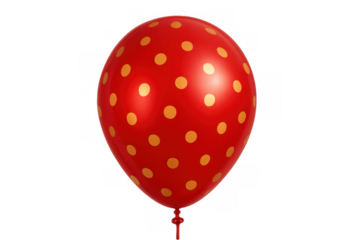 Red balloon decorated with golden dots floating freely, symbolizing festive celebration on clean transparent backdrop