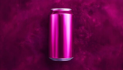 Vibrant Fuchsia Metallic Beverage Can Centered on Bold Textured Pink Background – Modern Minimalist Mockup, Blank Energy Drink, Soda Can, Product Display, Colorful Contemporary Art