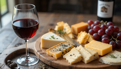 A sophisticated cheese and wine pairing featuring a glass of red wine assorted cheeses fresh grapes and a bottle of wine on a rustic wooden board