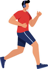 Man in motion Red shirt runner with blue headphones and shorts.