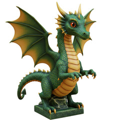 A vibrant green dragon statue with intricate scales and wings, showcased on a pedestal in a fantasy setting