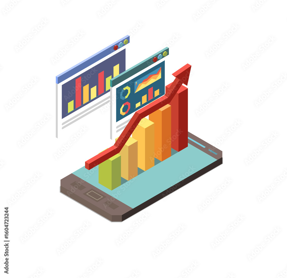 Poster isometric smartphone displaying positive business growth charts and data analytics