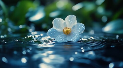 Delicate white flower on rippling water, lush foliage