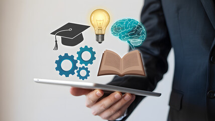 Unlock your potential with innovative learning tools and a brilliant mind, visualized through a tablet interface for modern education and business growth.